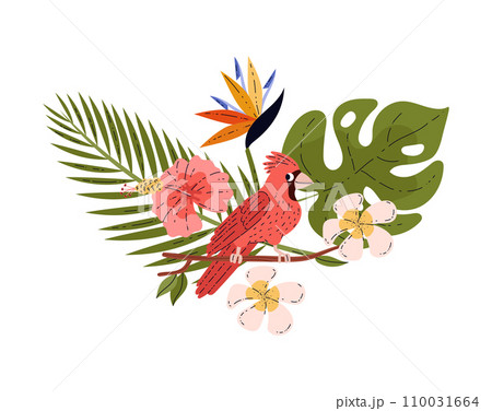 Tropical bird on a green branch, cartoon vector illustration on white 110031664