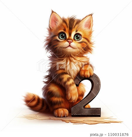 Number 2 and a cute little fluffy kitten close-up on white. Greeting card, anniversary background, holiday wallpaper Number 2 and a cute little fluffy kitten close-up on white. Greeting card, anniversary background, holiday wallpaper 110031876