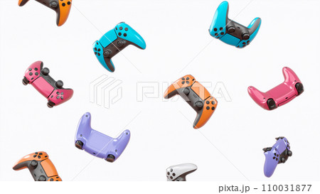 Realistic video game joysticks or gamepads rotating and falling on white 110031877