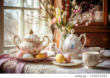 AI-generated content. A refined Easter tea set...のイラスト素材 [110031942 ...