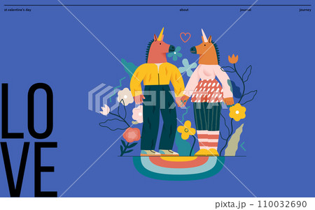 Valentine: Playful Connection - modern flat vector concept illustration of a couple in unicorn costumes holding hands. Metaphor of love, whimsical and imaginative side of romance Valentine: Playful Connection - modern flat vector concept illustration of a couple in unicorn costumes holding hands. Metaphor of love, whimsical and imaginative side of romance 110032690