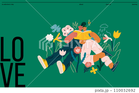 Valentine: Literary Love - modern flat vector concept illustration of a couple enjoying a book together in a serene natural setting. Metaphor for shared interests and intellectual harmony 110032692