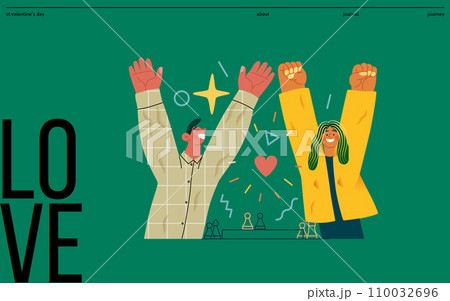 Valentine: Joyful Success - modern flat vector concept illustration of a happy couple celebrating winning at chess with raised arms. Metaphor of love, shared achievement, affection, connection 110032696