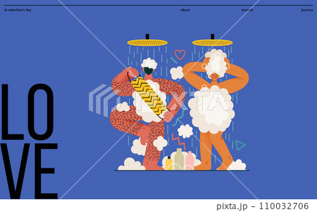 Valentine: Shared Routine - modern flat vector concept illustration of a couple engaging in a playful shower routine together. Metaphor of intimacy in daily life, unity, affection, love, connection 110032706