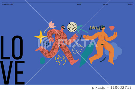 Valentine: Love Chase - modern flat vector concept illustration of laughing naked couple running in a floral environment. Metaphor of sex, affection, love, pursuit in romance 110032715
