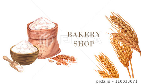 Bag with flour and wooden bowl with wheat flour, wooden scoop and grain and spikelets. Watercolor hand drawn illustration, isolated on white background. For bakery, cafe, restaurant menu element. 110033071