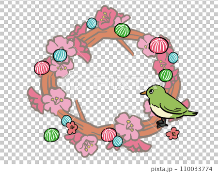 ひな祭り　ひな人形　うぐいすと木と花の手描き風フレームイラスト 110033774