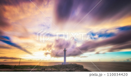 Sunset lighthouse Cape Zanpa Okinawa Japan 110034420
