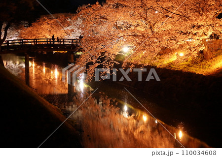 水面に映る夜桜 水面に映る夜桜 110034608
