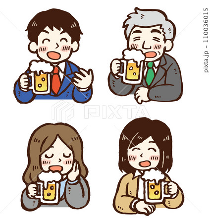 ビールを飲みながら談笑する会社員の男女4人 ビールを飲みながら談笑する会社員の男女4人 110036015