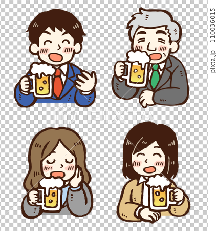Four male and female office workers chatting while drinking beer 110036015