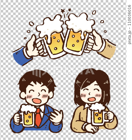 Two male and female office workers toasting with beer and chatting while drinking 110036016