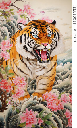刺繍風の華やかな花とトラのイラスト　AI画像 110036554