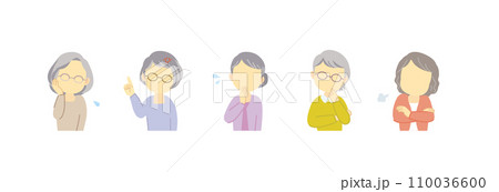 吹き出しセリフが似合うネガティブな手の動きがある50~70代女性アイコンセット/表情なし/主線なし 吹き出しセリフが似合うネガティブな手の動きがある50~70代女性アイコンセット/表情なし/主線なし 110036600