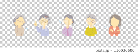 吹き出しセリフが似合うネガティブな手の動きがある50~70代女性アイコンセット/表情なし/主線なし 吹き出しセリフが似合うネガティブな手の動きがある50~70代女性アイコンセット/表情なし/主線なし 110036600