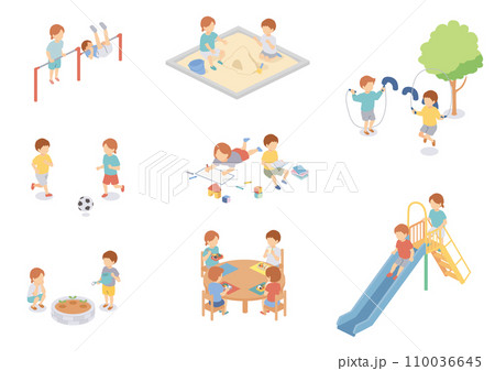 遊ぶ子供たちのアイソメイラストセット 110036645