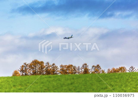 就実の丘からみた着陸間際の飛行機 北海道旭川市 就実の丘からみた着陸間際の飛行機 北海道旭川市 110036975