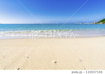 ブセナ海中公園の白い砂浜と青い海　沖縄県名護市 110037108