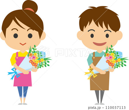 花束を持っている花屋さんのイメージイラスト（男女セット） 110037113
