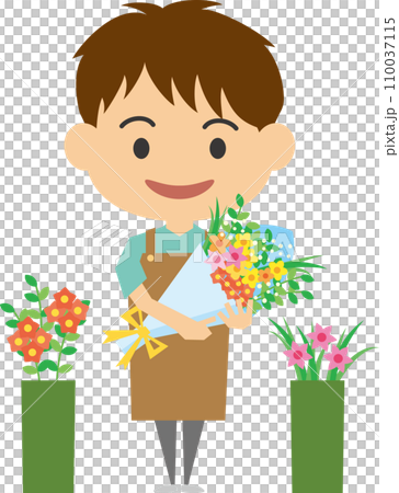 拿著一束花的男性花店店員的圖像插圖 110037115