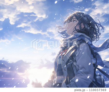 雪がちらつく空を見上げる女子高生（AI生成画像）　 110037369