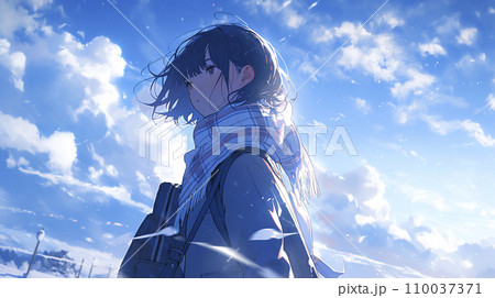 雪がちらつく空を見る女子高生（AI生成画像） 110037371
