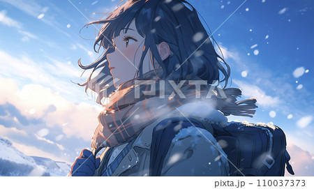 雪がちらつく空を見る女子高生（AI生成画像）　 110037373