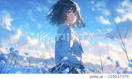 雪がちらつく空とこちらを見る女子高生（AI生成画像） 110037379