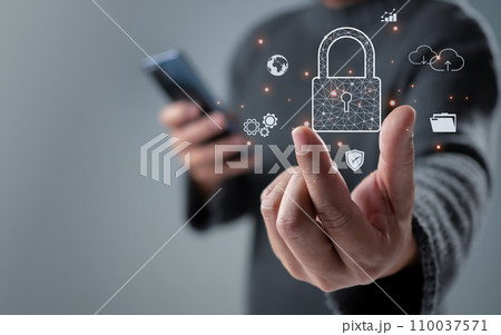 Man show key secure encryption technology, cybersecurity privacy of data protection, security Internet access, security encryption of user private data, business confidentiality. 110037571