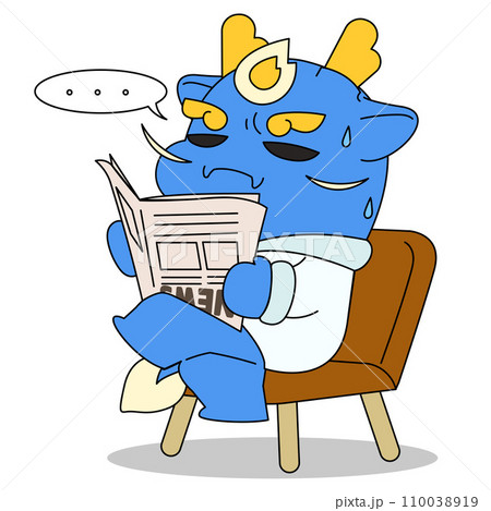 Blue Dragon Character_Sitting in a Chair Reading a Newspaper and Sweating 110038919
