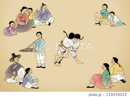 Korean Traditional Play_People in hanbok sit and watch ssireum players 110039028