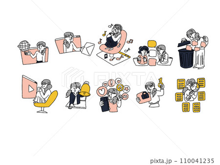 インターネットを活用する女性のイラストセット インターネットを活用する女性のイラストセット 110041235