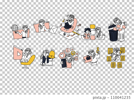 インターネットを活用する女性のイラストセット インターネットを活用する女性のイラストセット 110041235