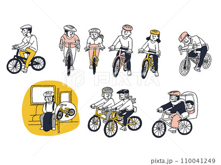 趣味で自転車を楽しむ人々のセ手書きイラストセット 110041249