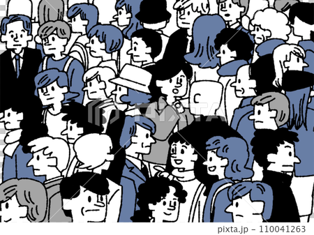 Hand-drawn illustration of a crowd of people in the city 110041263