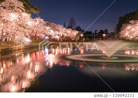 《新潟県》桜満開・春の高田城址公園の夜景 110042211