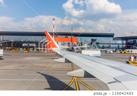 View from the airplane window during takeoff at Sheremetyevo airport at summer 110042485
