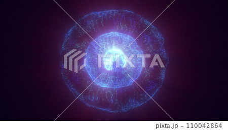 Blue energy glowing sphere futuristic atom from electric magic particles and energy waves background 110042864