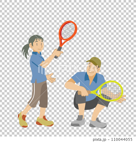 テニスを練習する子供とアドバイスをする父親 110044055