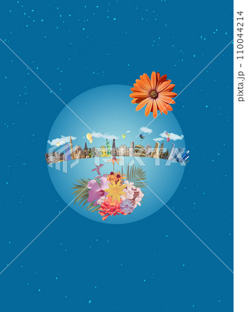 World religious and architecture monuments - collage or globe from different religions from Bali, Thailand, Cambodia at Asia and Florens, Spain in Europe. Travel and tourism with famous world 110044214