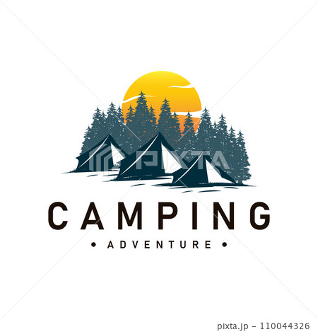 Camping logo wild forest design outdoor adventure illustration of trees and simple tent Camping logo wild forest design outdoor adventure illustration of trees and simple tent 110044326