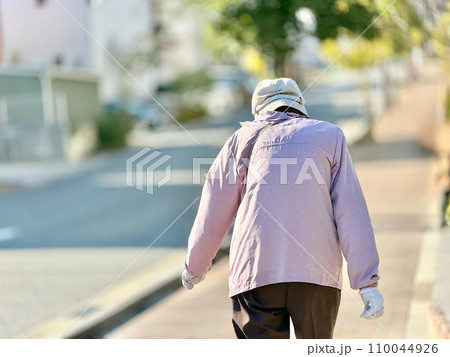 住宅街を歩く高齢女性の後姿 110044926