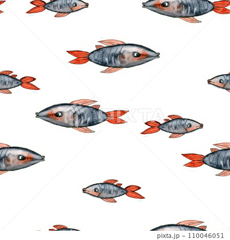 Watercolor drawing seamless pattern from fish with red fins in different sizes on white background, Hand drawn for postcards, photoframes, wrapping paper, textile printing, banner, flyers Watercolor drawing seamless pattern from fish with red fins in different sizes on white background, Hand drawn for postcards, photoframes, wrapping paper, textile printing, banner, flyers 110046051