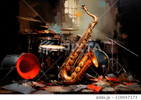 Musical instruments of jazz. Saxophone, drums 110047173