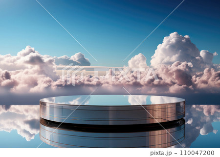 Cylindrical round glossy podium on the background of clouds in the sky for the demonstration of goods or cosmetics 110047200