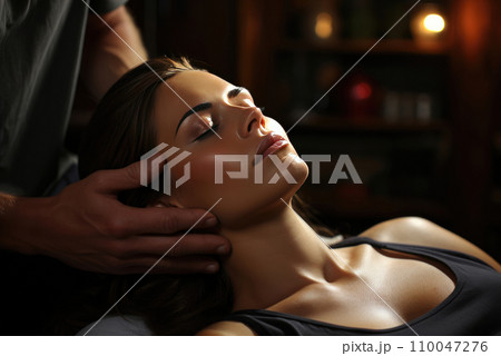 Woman receives a massage of the head or face from a cosmetologist at spa procedures Woman receives a massage of the head or face from a cosmetologist at spa procedures 110047276