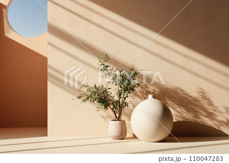 Pot with a houseplant and empty vase on a beige background of the wall with shadows Pot with a houseplant and empty vase on a beige background of the wall with shadows 110047283