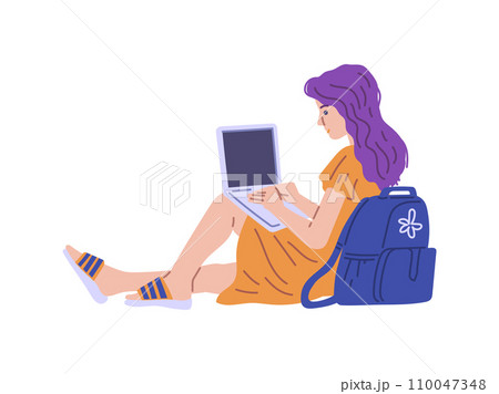 Freelancer or student working on laptop, flat vector illustration isolated. 110047348