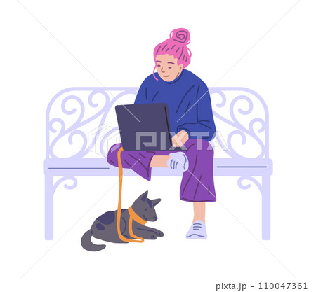 Female freelance with a laptop working in park, cartoon vector illustration 110047361