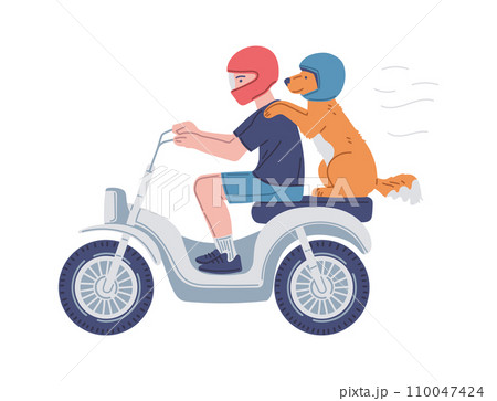 Man with dog riding scooter flat vector illustration. Man with dog riding scooter flat vector illustration. 110047424
